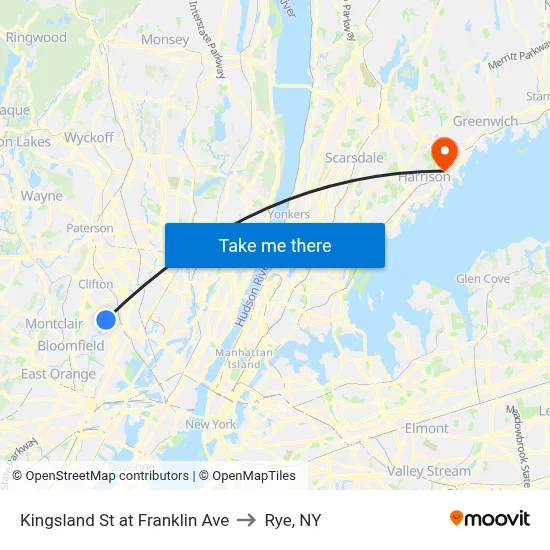 Kingsland St at Franklin Ave to Rye, NY map