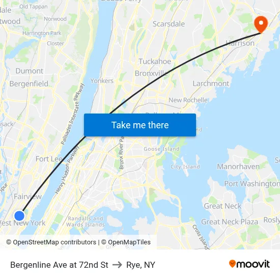 Bergenline Ave at 72nd St to Rye, NY map