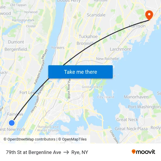 79th St at Bergenline Ave to Rye, NY map