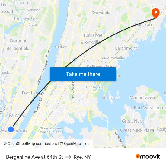 Bergenline Ave at 64th St to Rye, NY map