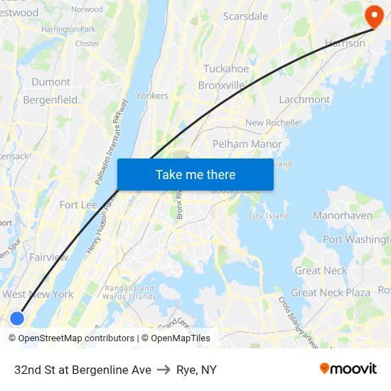 32nd St at Bergenline Ave to Rye, NY map