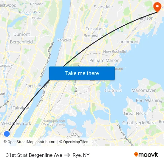 31st St at Bergenline Ave to Rye, NY map