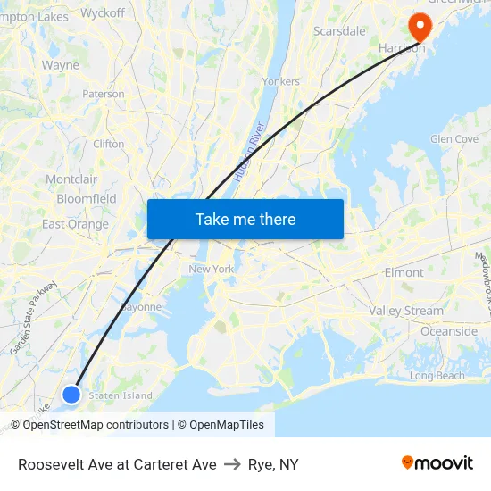 Roosevelt Ave at Carteret Ave to Rye, NY map