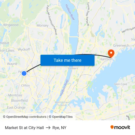 Market St at City Hall to Rye, NY map