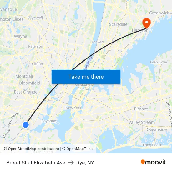 Broad St at Elizabeth Ave to Rye, NY map