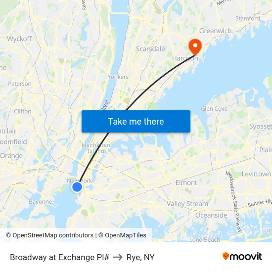 Broadway at Exchange Pl# to Rye, NY map