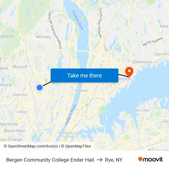 Bergen Community College Ender Hall to Rye, NY map