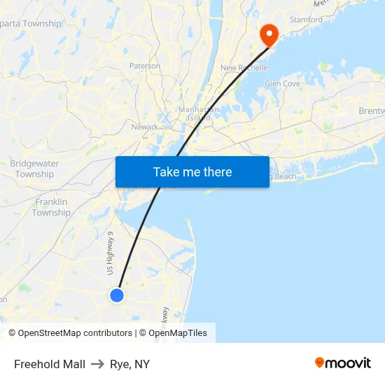 Freehold Mall to Rye, NY map