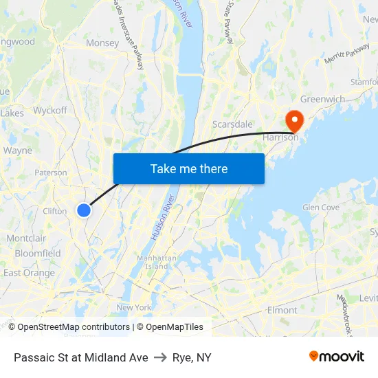 Passaic St at Midland Ave to Rye, NY map