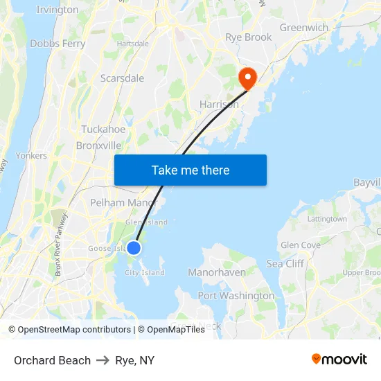 Orchard Beach to Rye, NY map