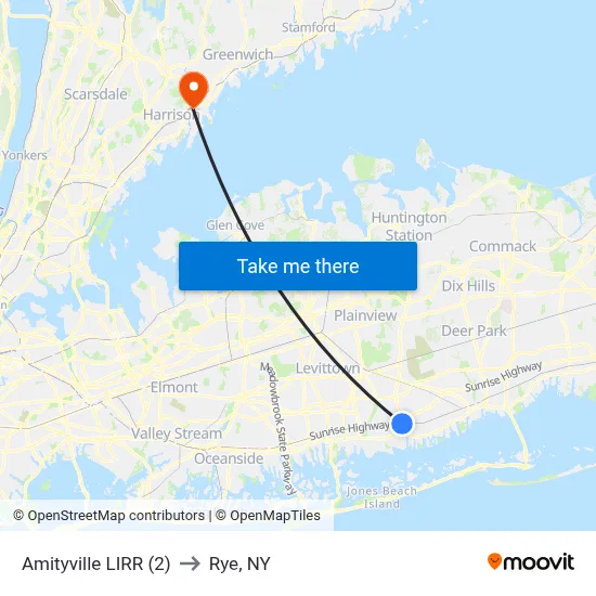 Amityville LIRR (2) to Rye, NY map
