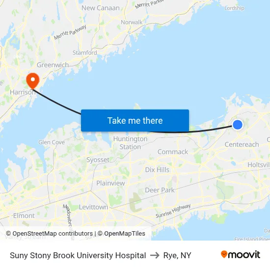 Suny Stony Brook University Hospital to Rye, NY map