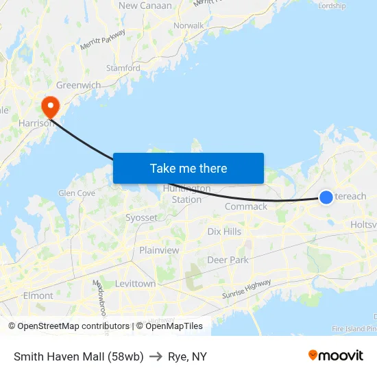 Smith Haven Mall (58wb) to Rye, NY map