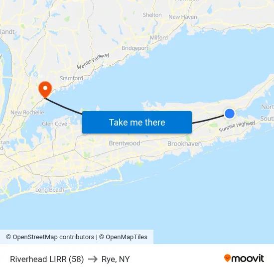 Riverhead LIRR (58) to Rye, NY map