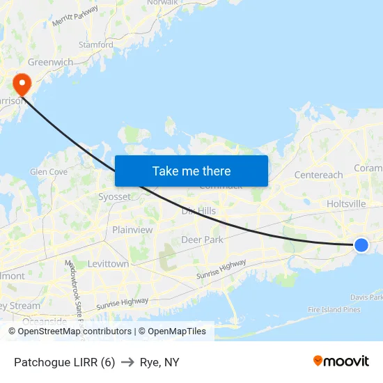 Patchogue LIRR (6) to Rye, NY map