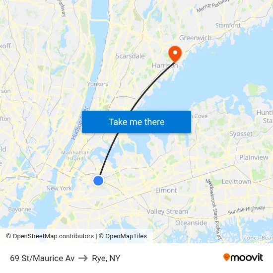 69 St/Maurice Av to Rye, NY map