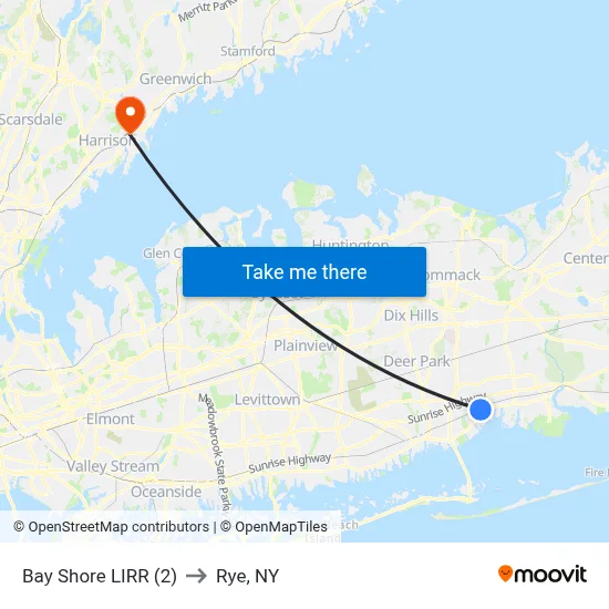 Bay Shore LIRR (2) to Rye, NY map