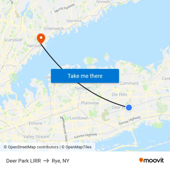 Deer Park LIRR to Rye, NY map