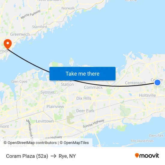 Coram Plaza (52a) to Rye, NY map