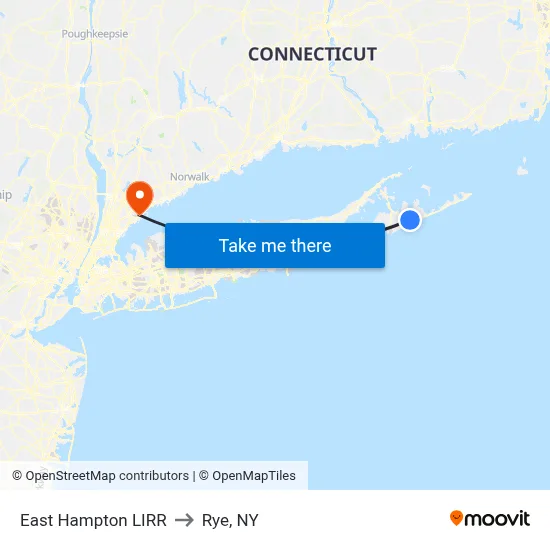 East Hampton LIRR to Rye, NY map