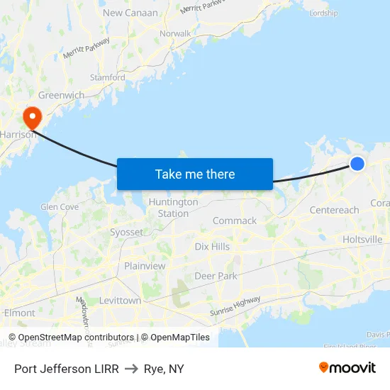 Port Jefferson LIRR to Rye, NY map
