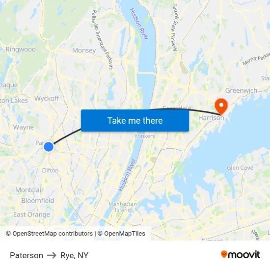 Paterson to Rye, NY map