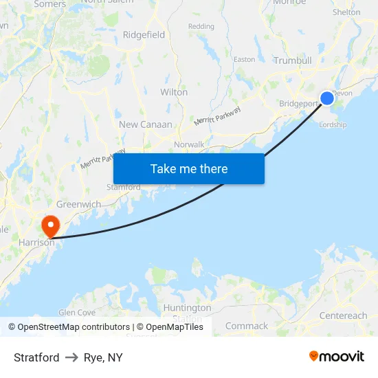 Stratford to Rye, NY map