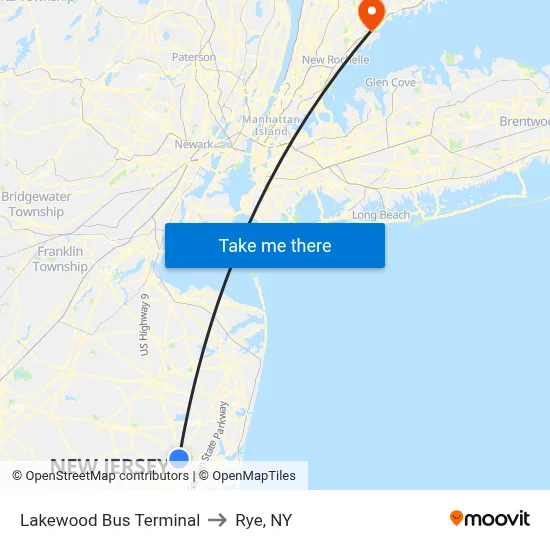 Lakewood Bus Terminal to Rye, NY map
