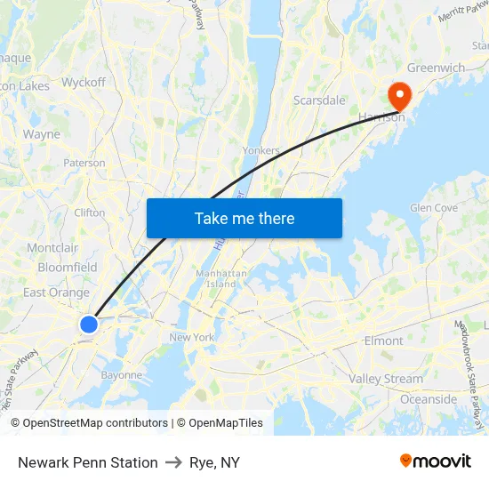 Newark Penn Station to Rye, NY map