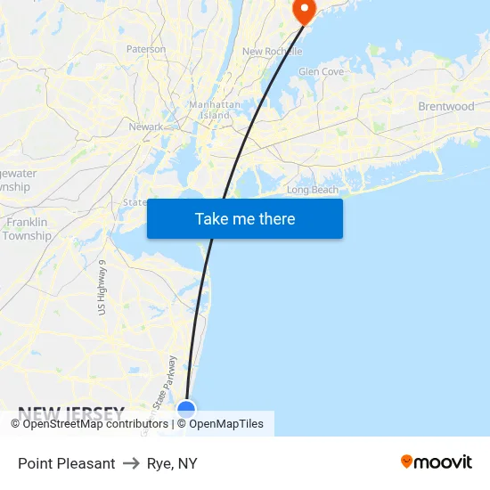 Point Pleasant to Rye, NY map