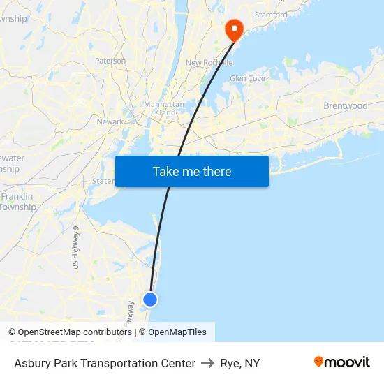 Asbury Park Transportation Center to Rye, NY map