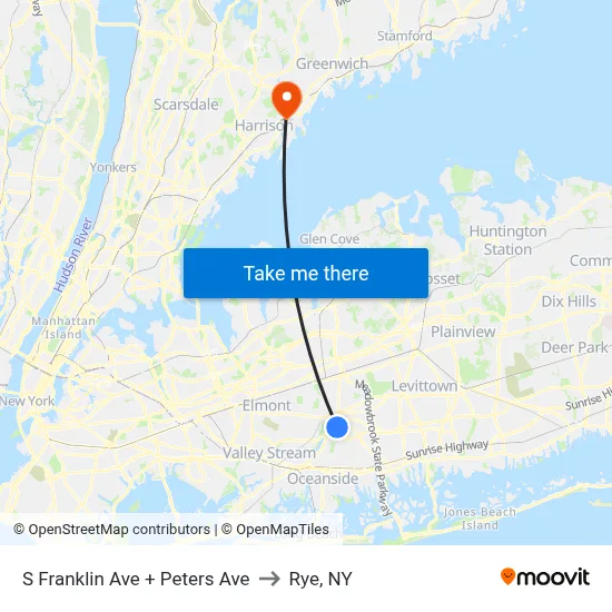 S Franklin Ave + Peters Ave to Rye, NY map