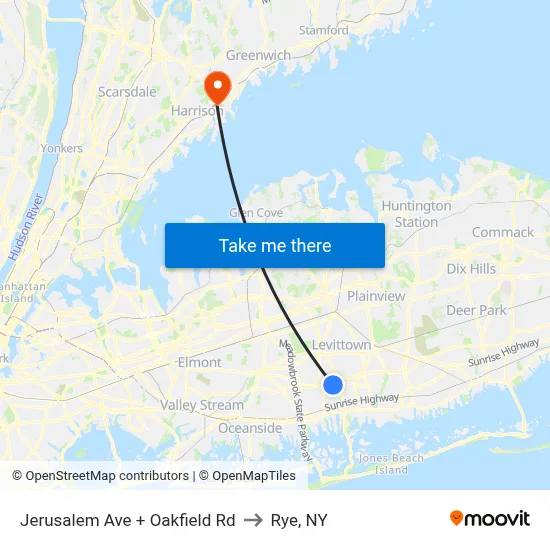 Jerusalem Ave + Oakfield Rd to Rye, NY map