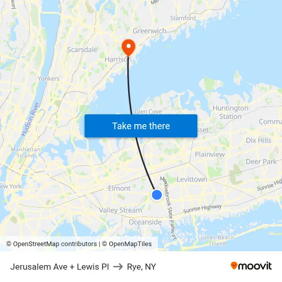 Jerusalem Ave + Lewis Pl to Rye, NY map