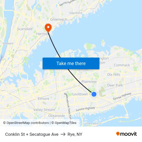 Conklin St + Secatogue Ave to Rye, NY map