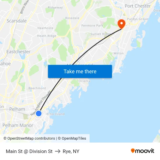 Main St @ Division St to Rye, NY map