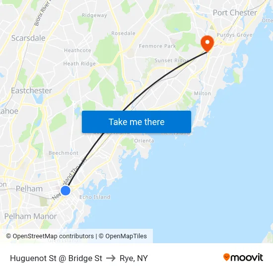 Huguenot St @ Bridge St to Rye, NY map