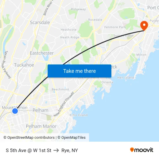 S 5th Ave @ W 1st St to Rye, NY map