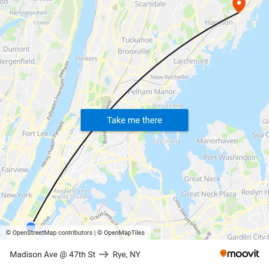 Madison Ave @ 47th St to Rye, NY map