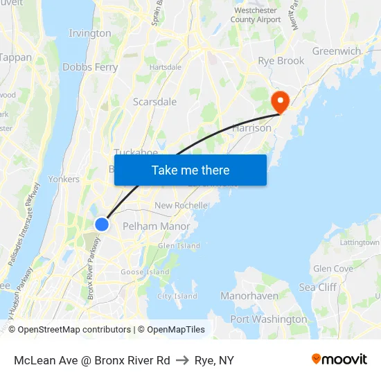 McLean Ave @ Bronx River Rd to Rye, NY map
