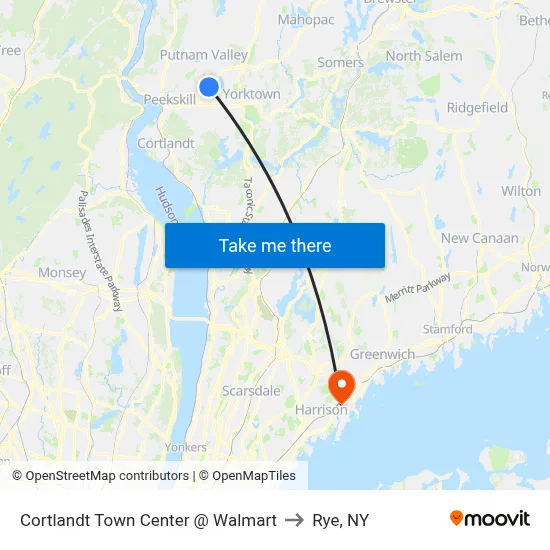 Cortlandt Town Center @ Walmart to Rye, NY map