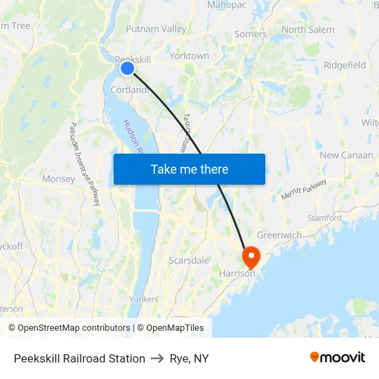 Peekskill Railroad Station to Rye, NY map