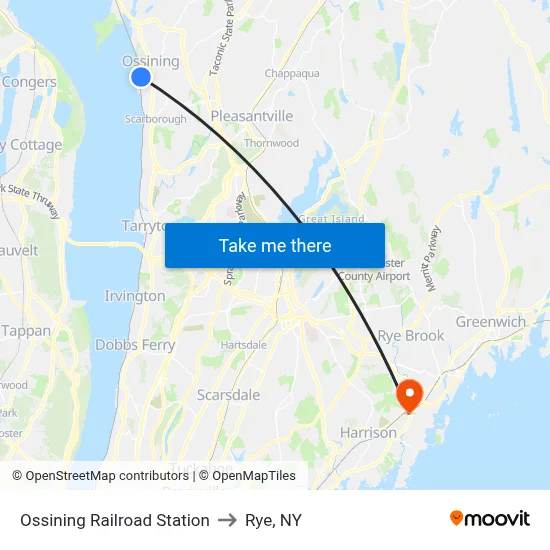 Ossining Railroad Station to Rye, NY map