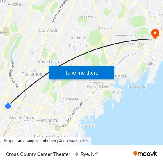Cross County Center Theater to Rye, NY map