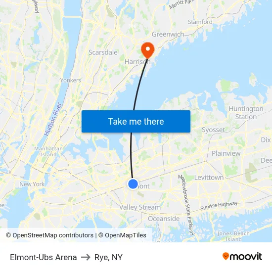 Elmont-Ubs Arena to Rye, NY map