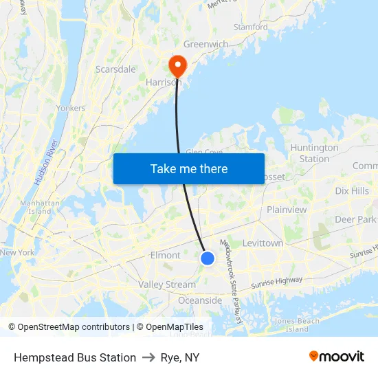 Hempstead Bus Station to Rye, NY map