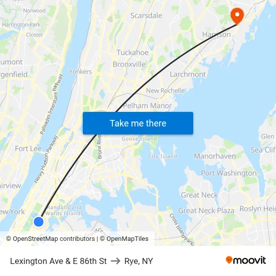 Lexington Ave & E 86th St to Rye, NY map