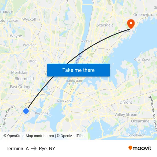 Terminal A to Rye, NY map