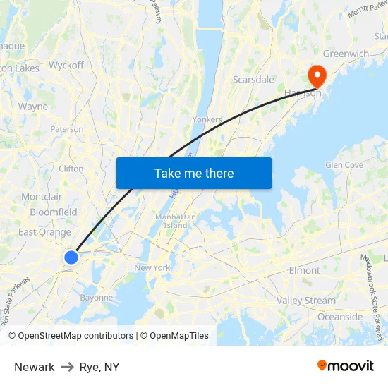 Newark to Rye, NY map
