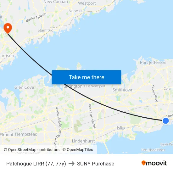 Patchogue LIRR (77, 77y) to SUNY Purchase map